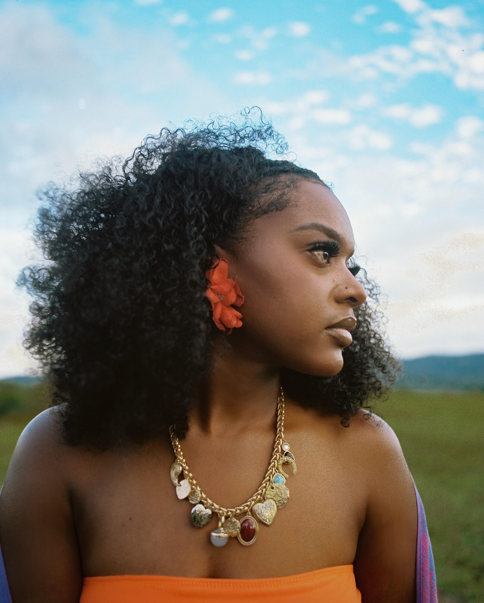 Profile of a woman with curly hair, wearing large earrings and a necklace, outdoors with a cloudy sky.