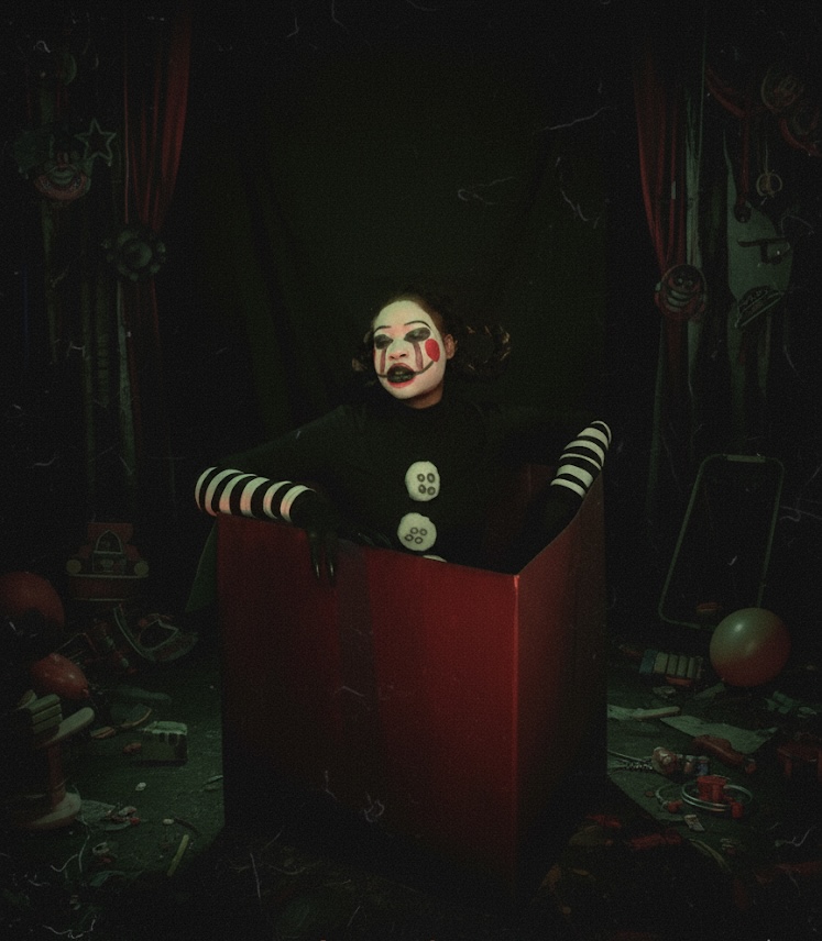 Person dressed as a clown with painted face, sitting inside a red box, surrounded by toys and balloons, in a dark room.