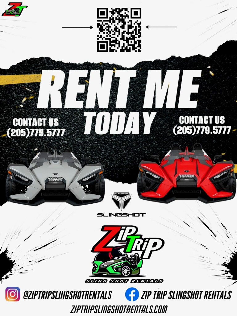 Advertisement for vehicle rentals with two sports cars, contact information, QR code, and logo, on a black and white background.