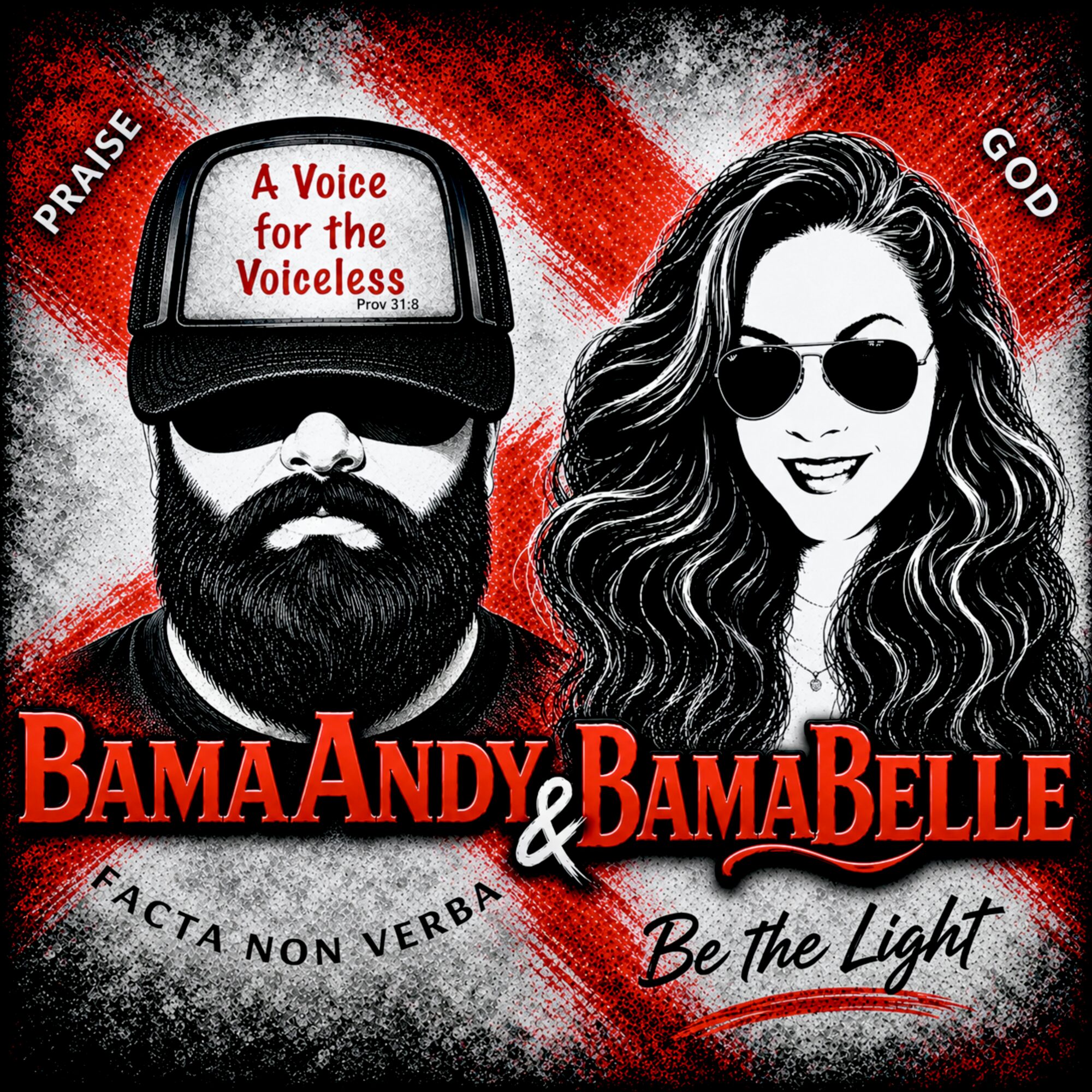 Illustration of a bearded man with sunglasses and a cap, and a smiling woman with long wavy hair and sunglasses, with text and design elements.