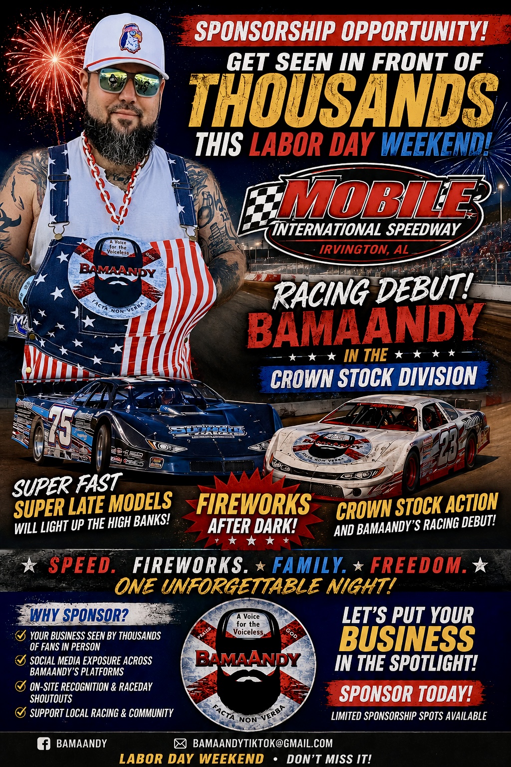 Man wearing sunglasses and patriotic clothing at race event, with cars and fireworks in background, promotional text for racing event.