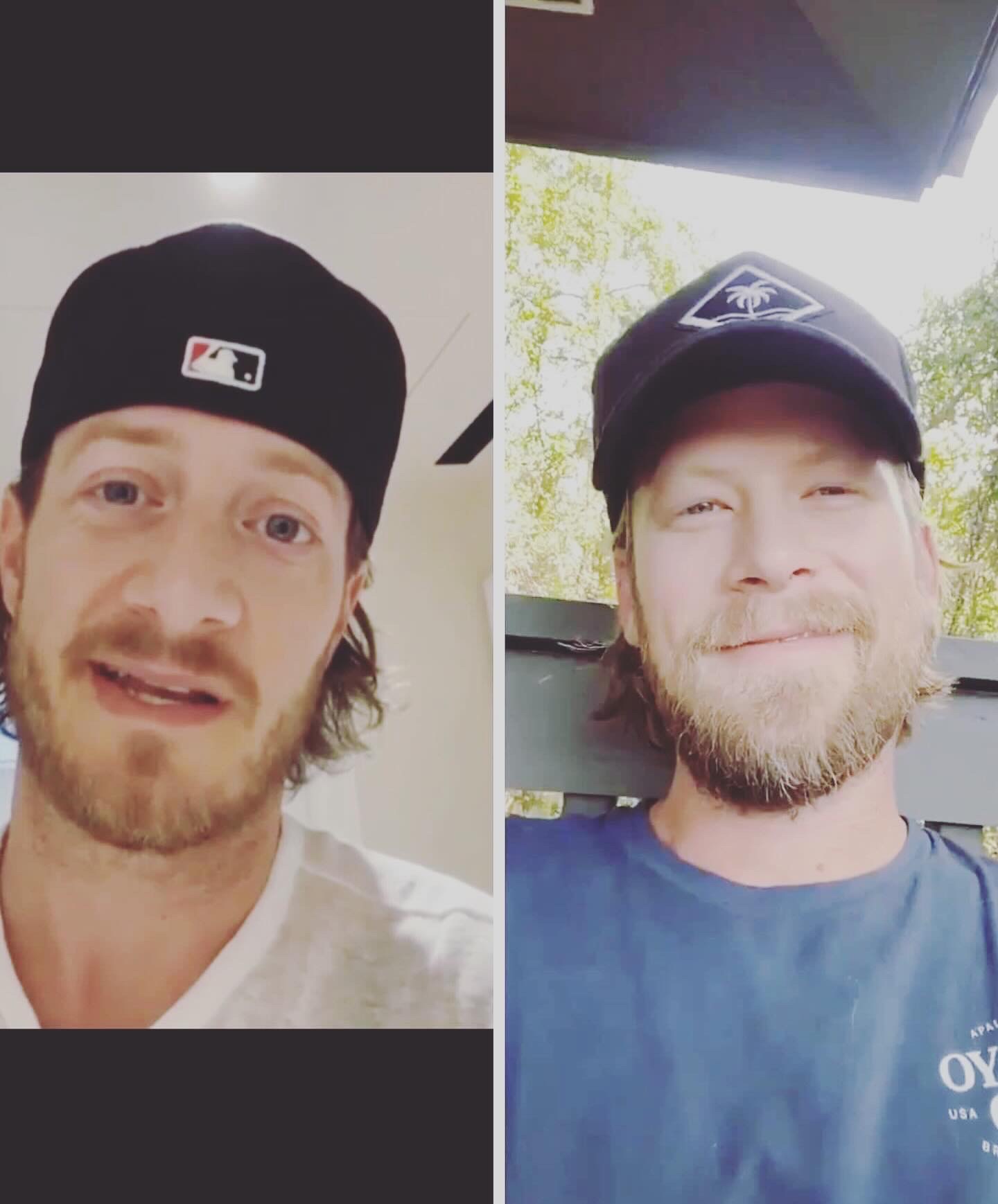 Side-by-side photos of a man with a beard, wearing a cap, smiling outdoors and indoors.