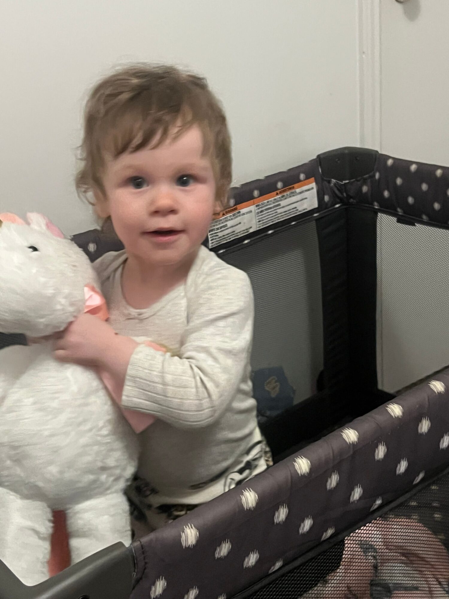 Young child with light brown hair and light-colored clothing, holding a stuffed animal, standing next to a playpen.