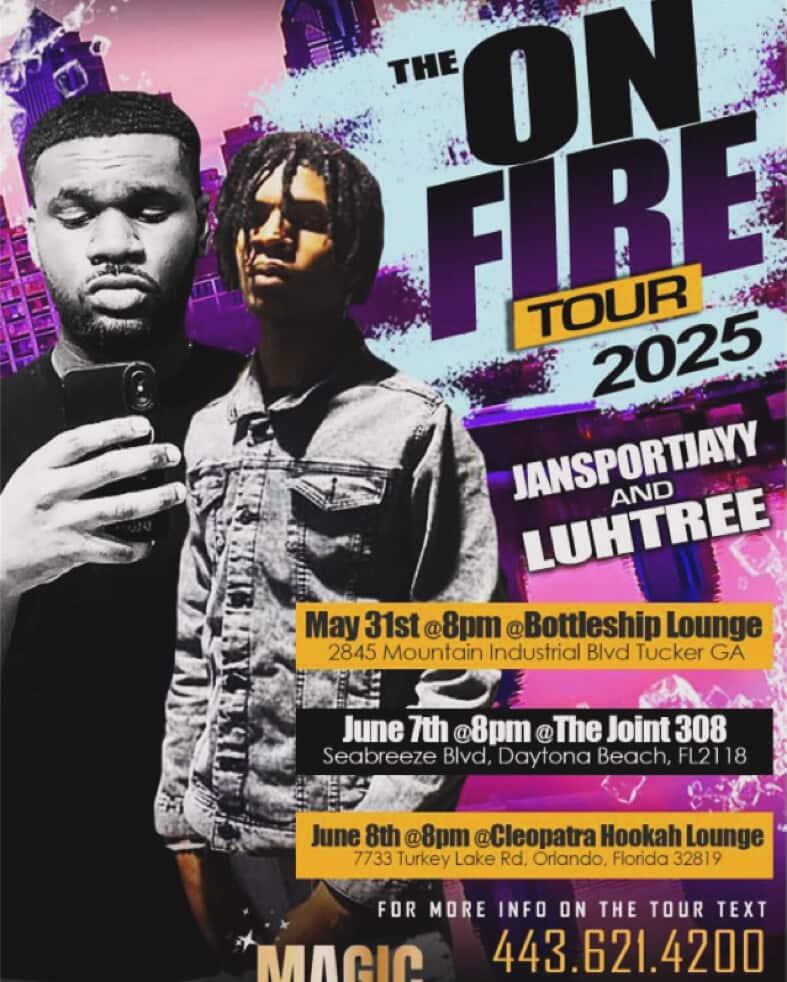 Promotional poster for ON FIRE TOUR 2025 featuring two men, event details, dates, and locations.