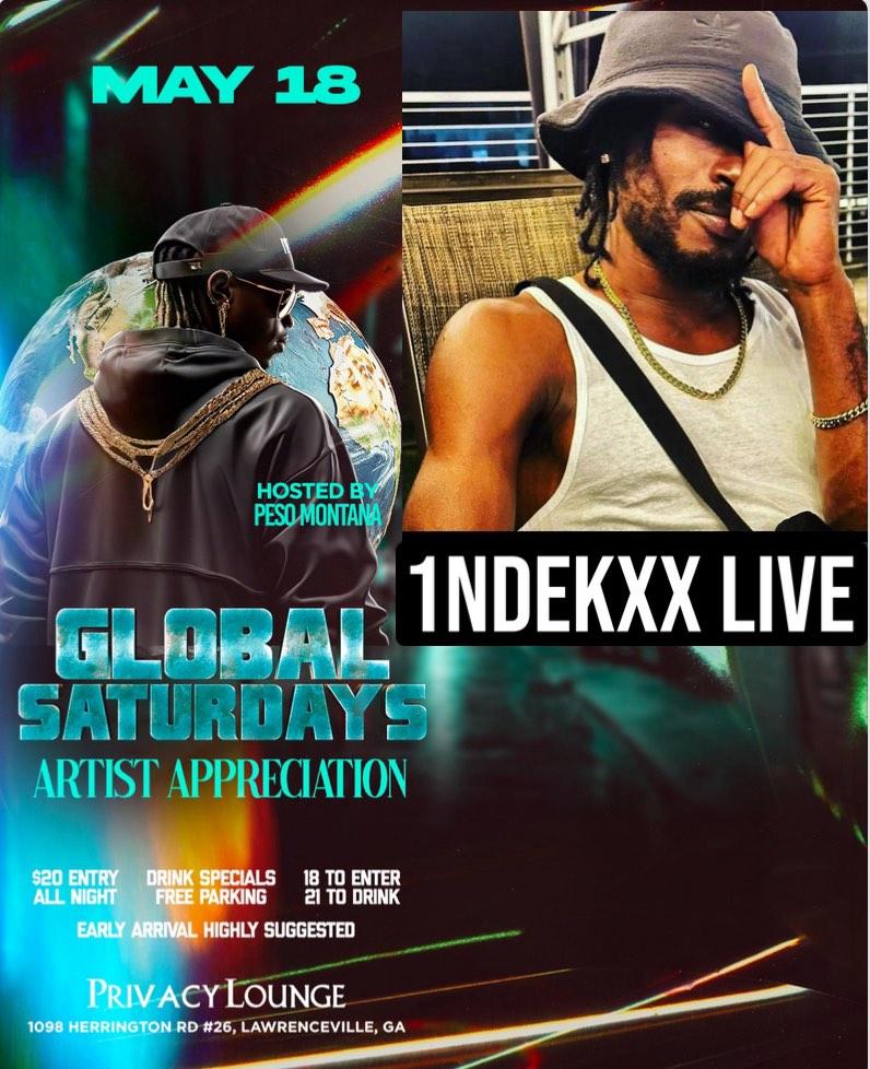 Promotional poster for Global Saturday's event featuring INDEKXX LIVE, scheduled for May 18, with a person wearing a hat and sunglasses.