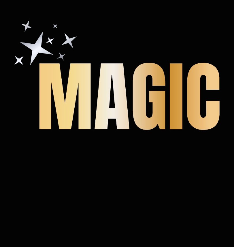 The word 'MAGIC' in large beige letters with stars above on a black background.