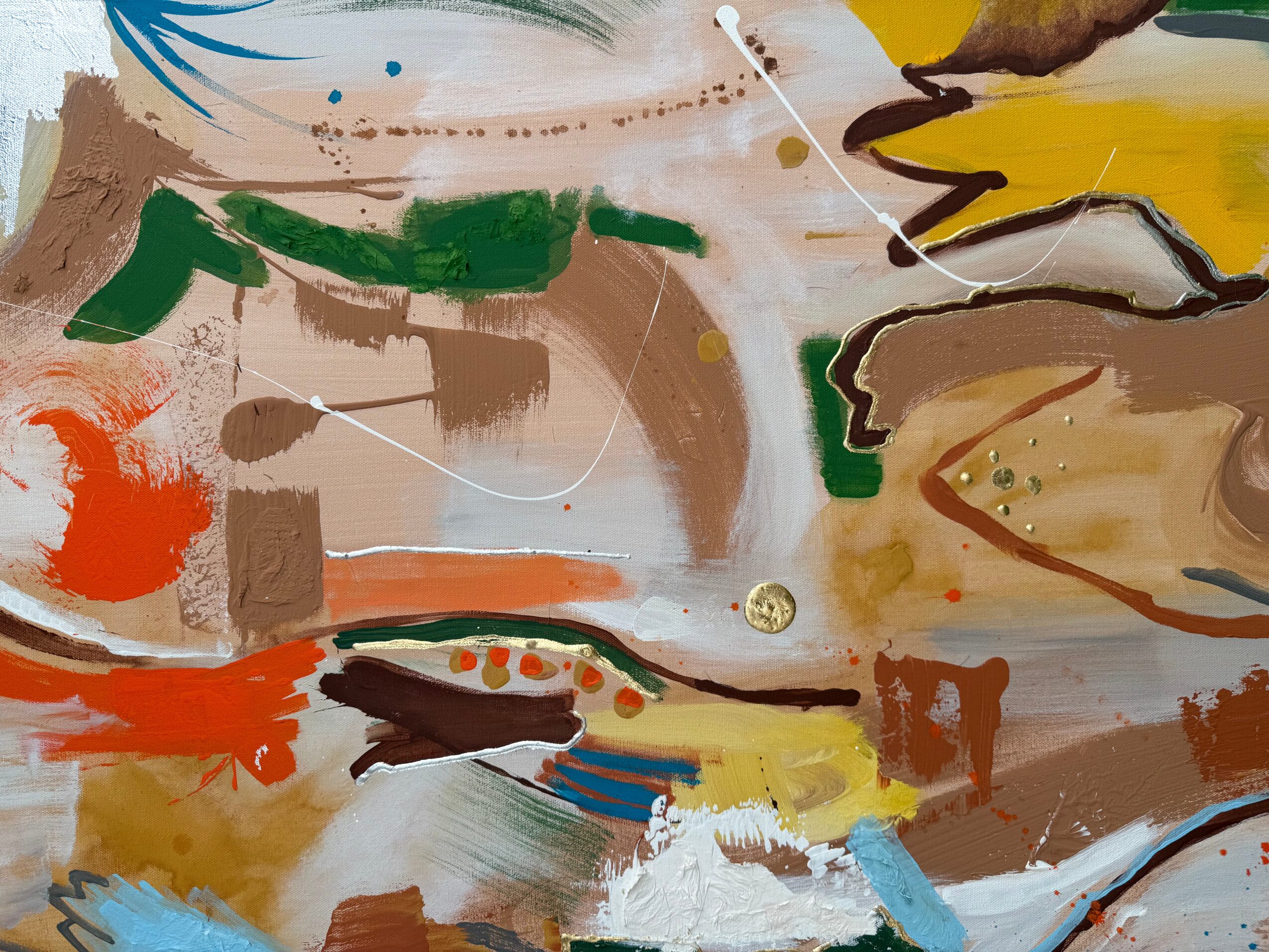 Abstract painting with various colors and brushstrokes, including green, orange, brown, blue, and white, with some textured areas.