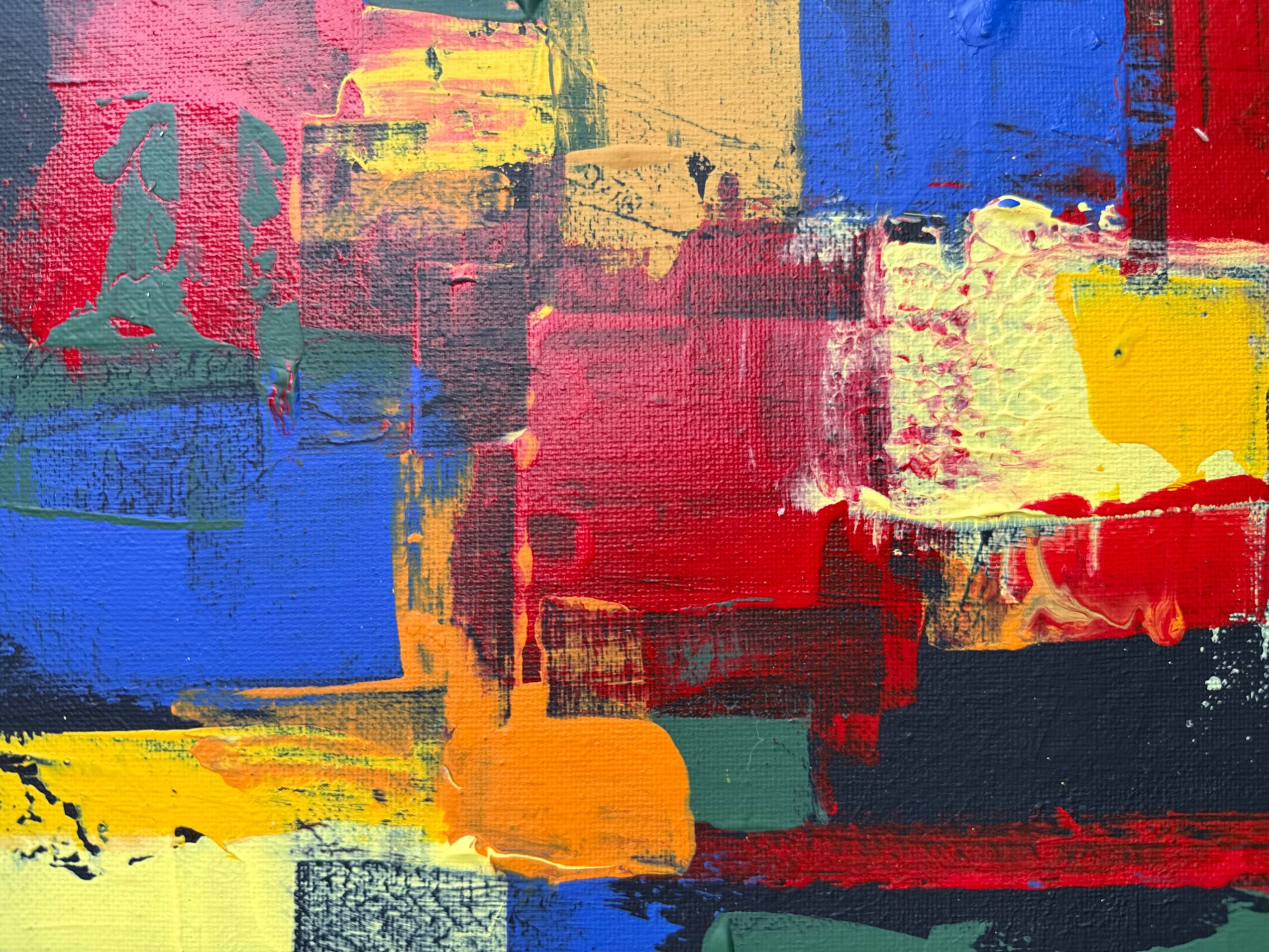 Abstract painting with bold patches of red, blue, yellow, green, and orange colors, with visible brushstrokes and textures.