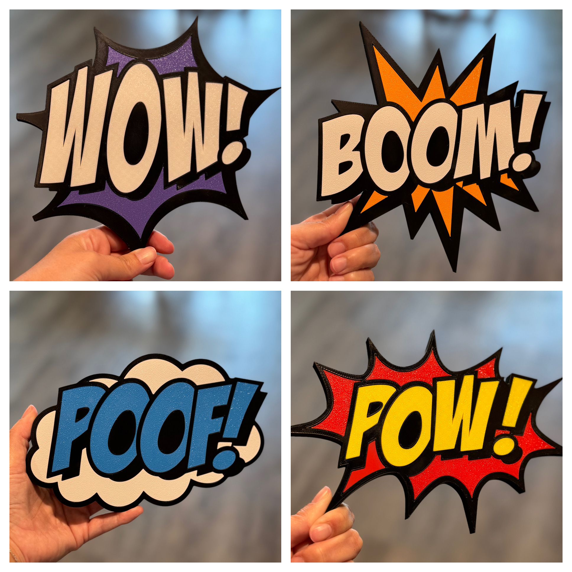 Four comic-style speech bubbles with words: WOW!, BOOM!, POOF!, POW! in vibrant colors.