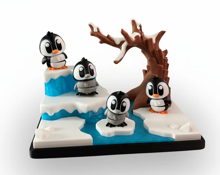 Four cartoon penguins on ice and a tree with brown branches, set on a black base, against a white background.