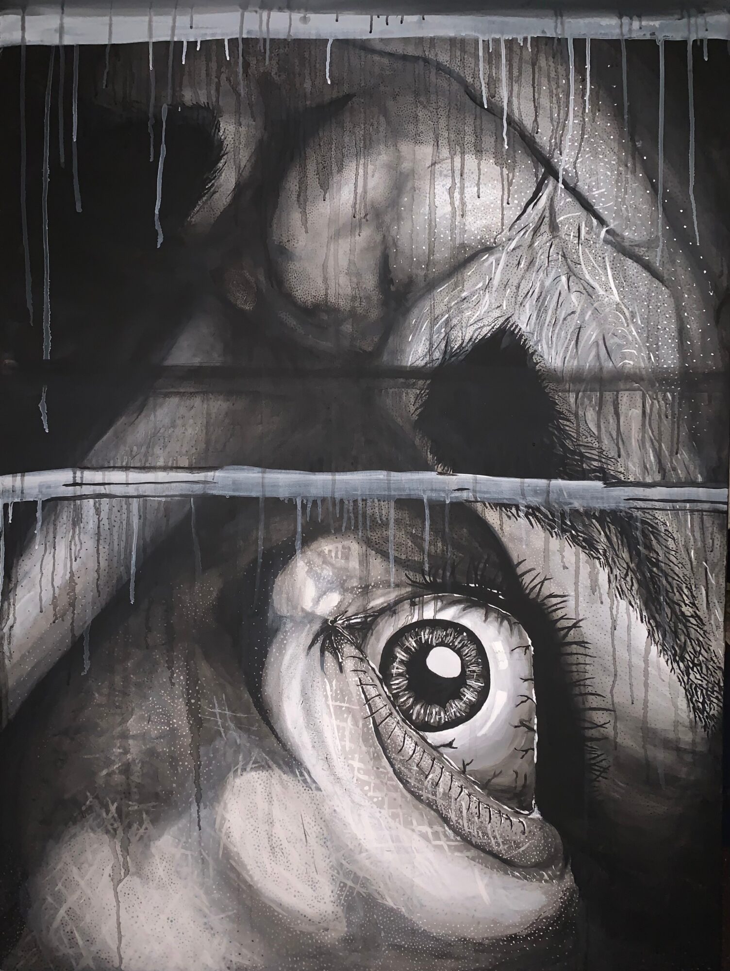 Close-up of a human eye with detailed eyelashes and reflections in the iris, painted in black and white.