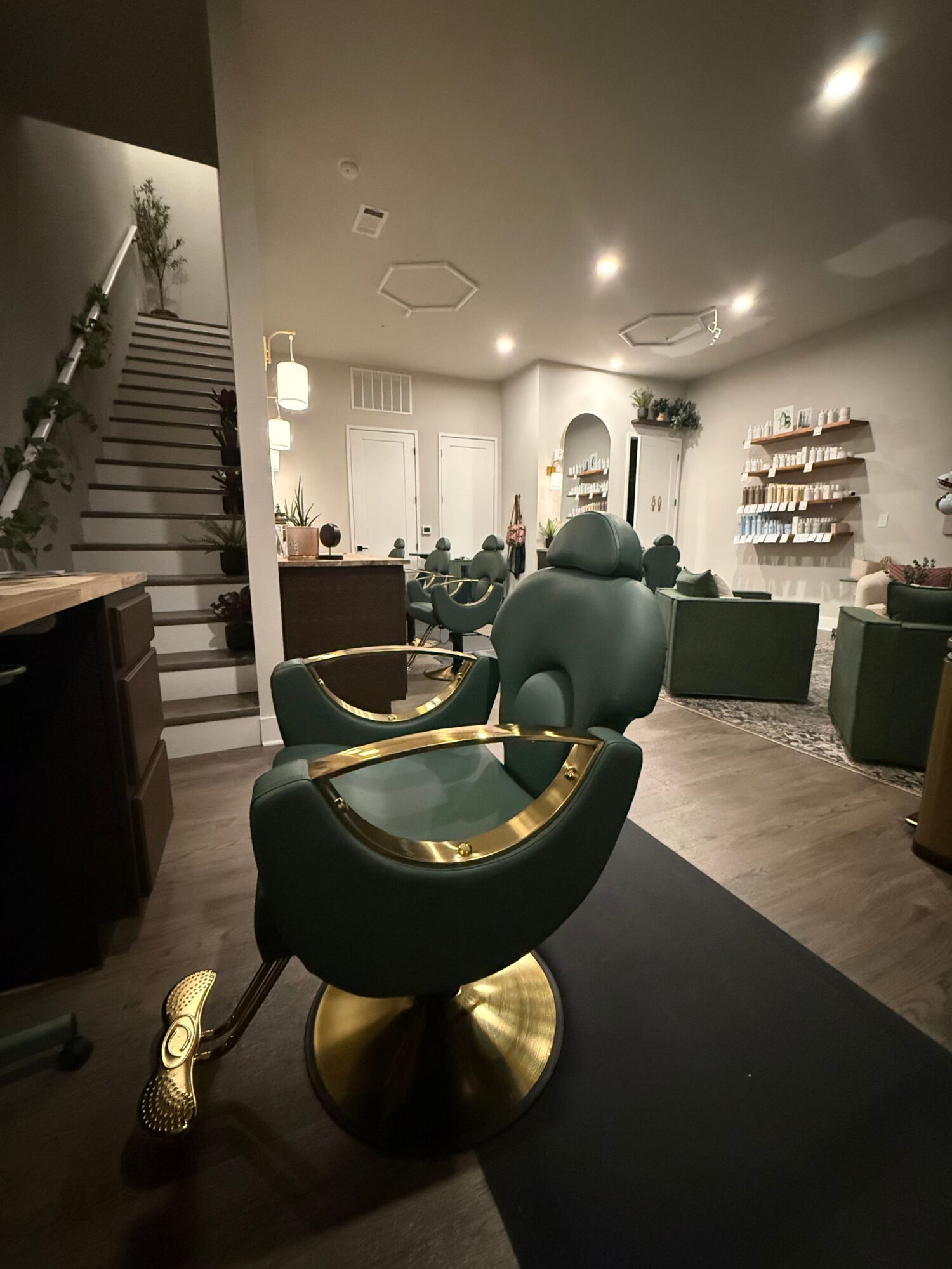 Living room with a green armchair, bookshelf, and decorative items, illuminated by ceiling lights.
