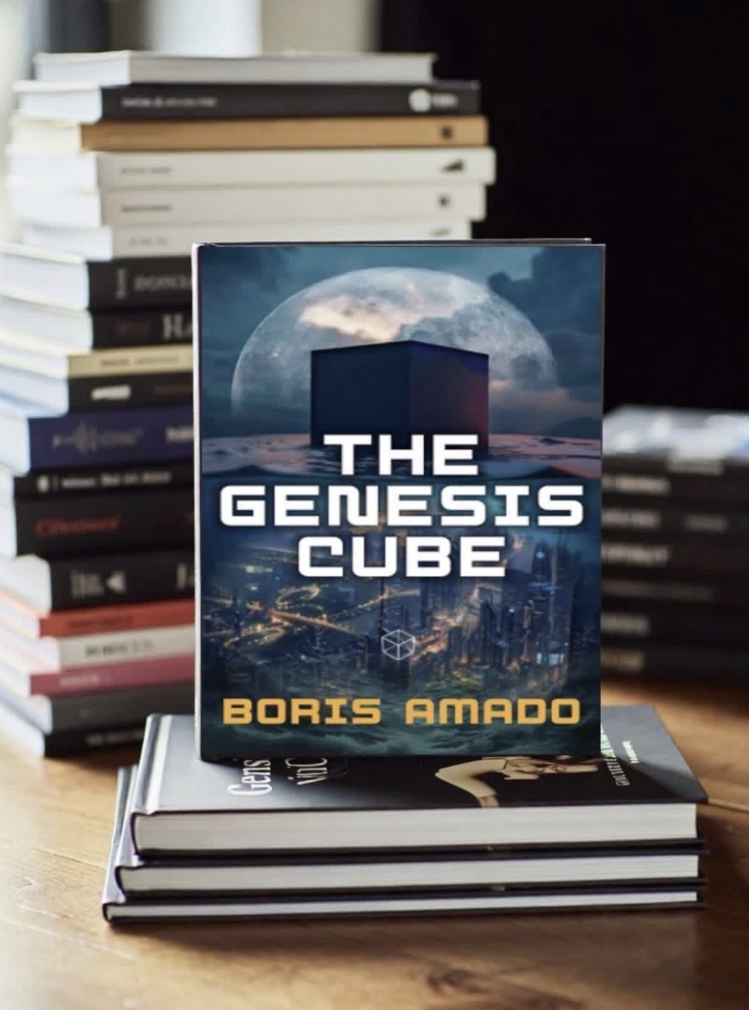 Book titled 'The Genesis Cube' by Boris Amado stands upright on a stack of books, with more books in background.