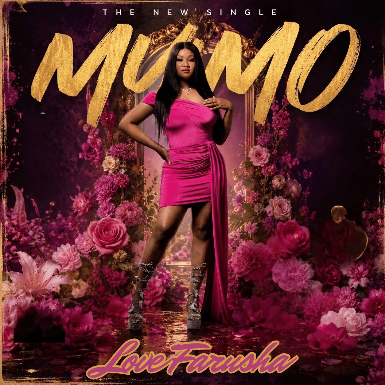 Woman in pink dress standing among pink flowers with text about a new single, Love Farusha.