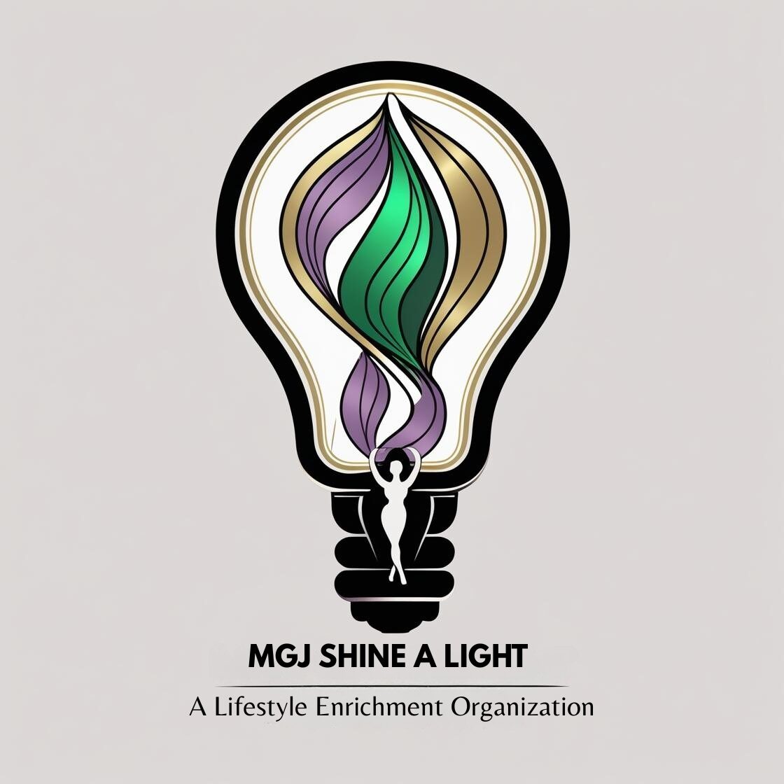 Logo with a lightbulb containing a colorful, stylized flame, and a person silhouette at the base, with organization name below.