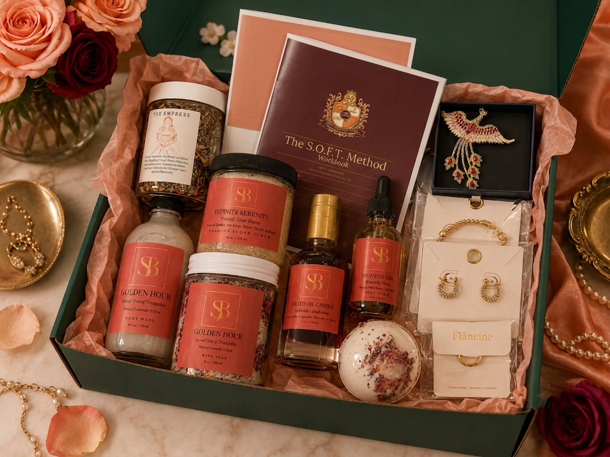 Open box with skincare products, jewelry, and a booklet, surrounded by flowers and decorative items.