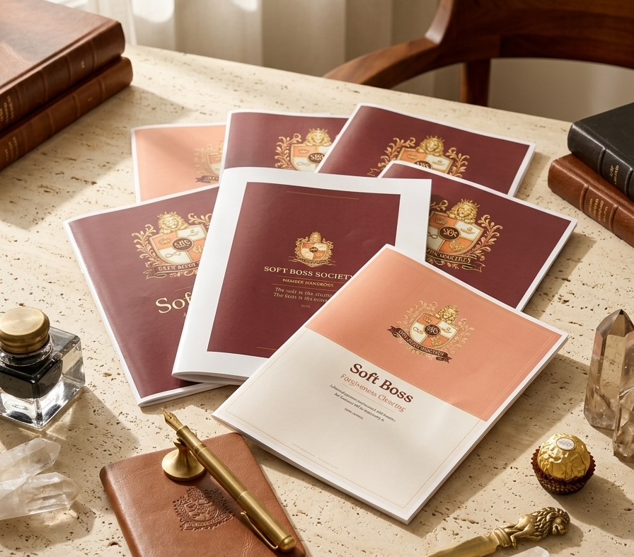 Several booklets with a crest and text on a table, surrounded by a pen, a small bottle, and decorative items.