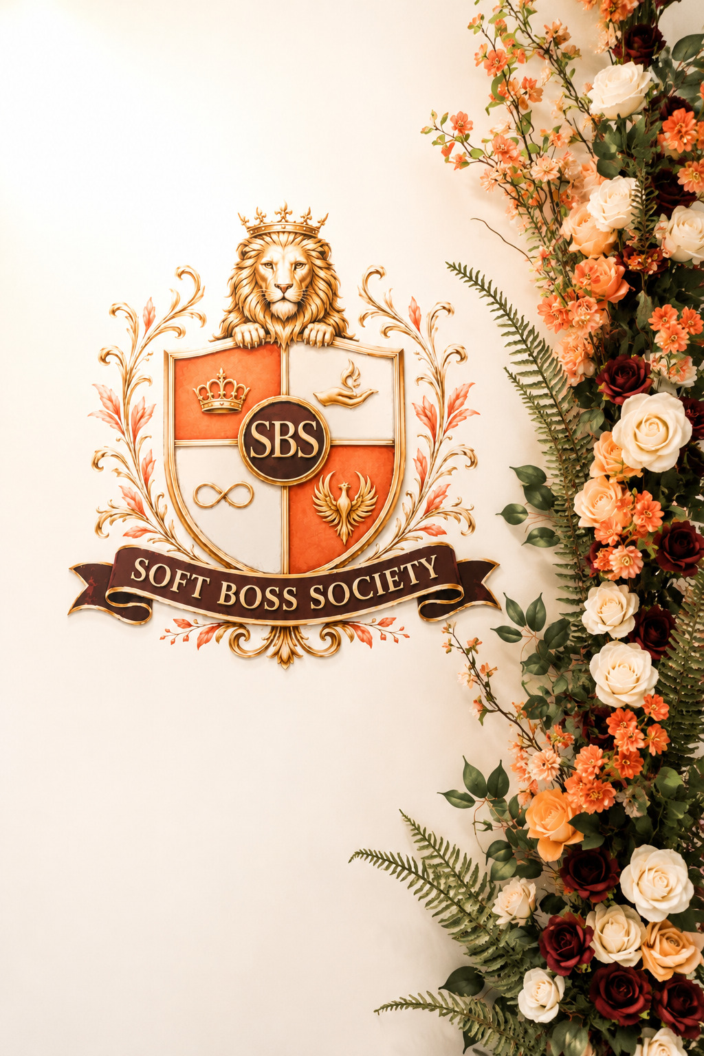 SBS logo with a lion crest and a floral arrangement on the right side, featuring roses and greenery.