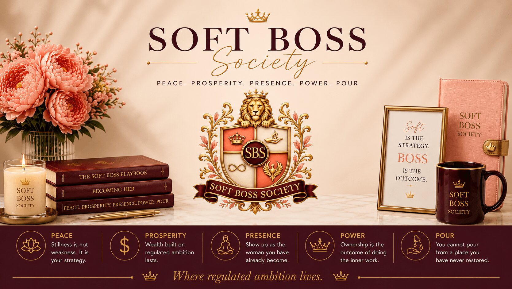 Display of soft boss society products with a pink background, flowers, and a framed quote, featuring books and skincare items.
