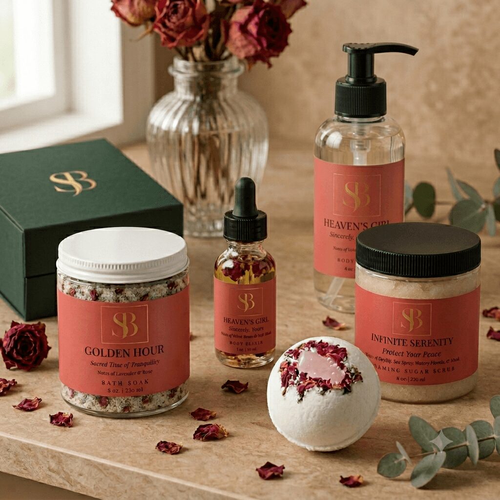Skincare products with pink labels, a white bath bomb, dried rose petals, and a vase of roses on a beige surface.