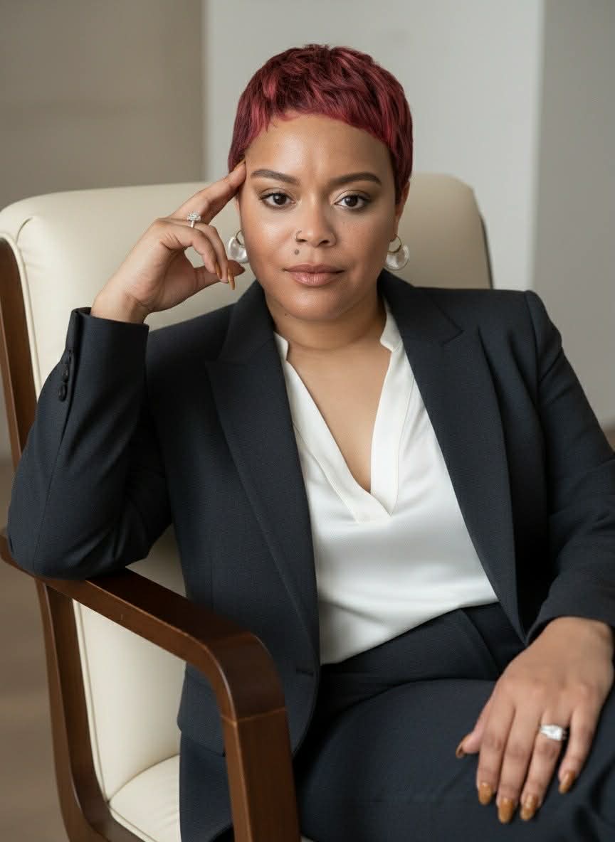 Woman with short red hair sitting in a chair, wearing a black blazer and white blouse, resting her head on her hand.
