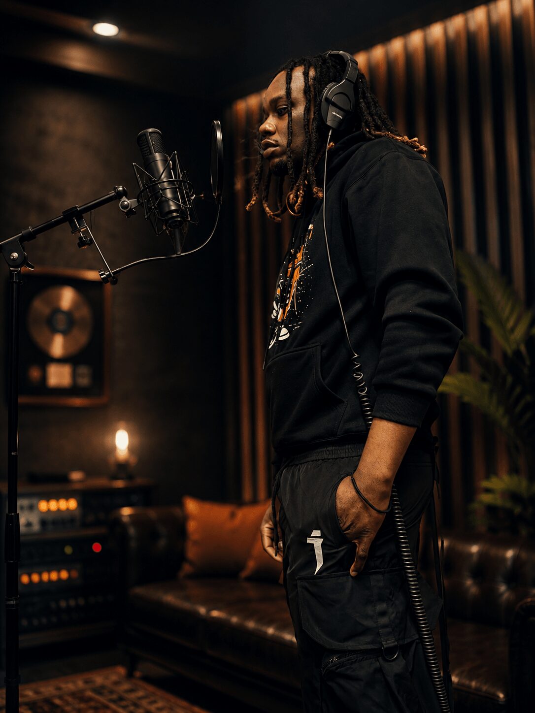 Person with dreadlocks wearing headphones in a recording studio, standing near a microphone, with sound equipment and a sofa in the background.