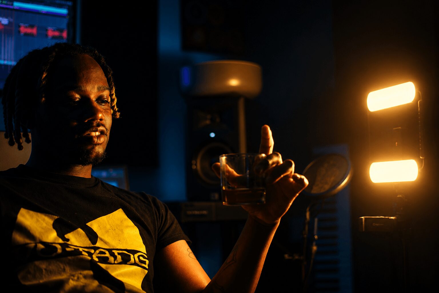 Person with dreadlocks holding a glass, illuminated by warm light, in a dimly lit room with electronic equipment