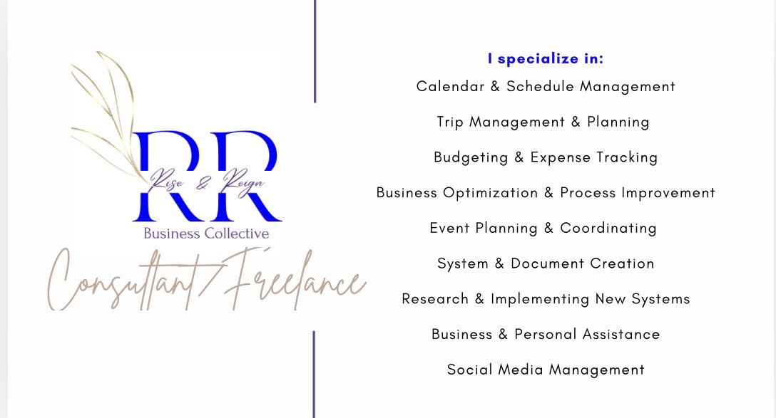 Business card with blue and purple text listing services like calendar management, trip planning, and social media support.