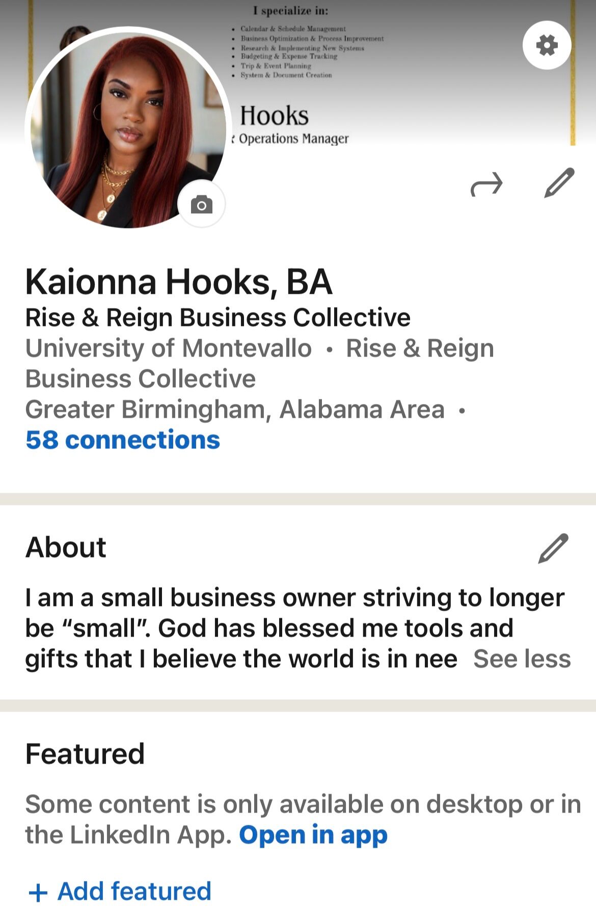 Profile picture of a woman with long hair, text about her business and education, and a brief bio.