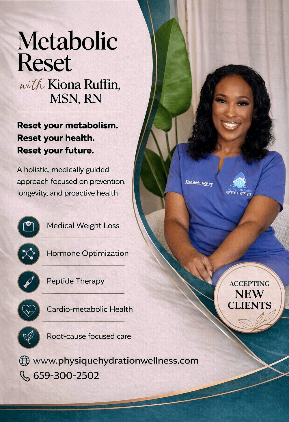 Smiling woman in blue medical scrubs sitting with a plant and a sign that says accepting new clients.