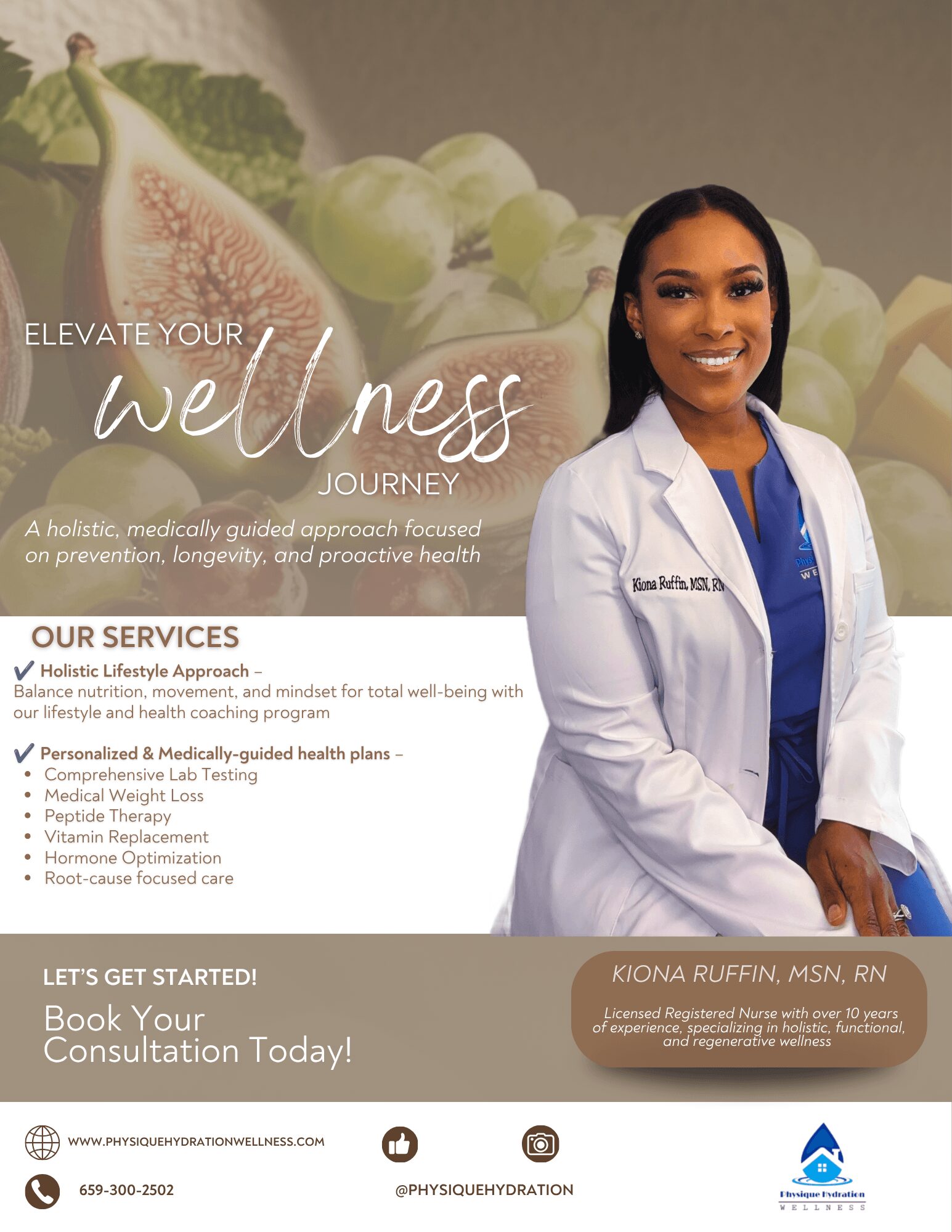 Smiling woman in white medical coat standing in front of a background with vegetables, promoting wellness and healthcare services.