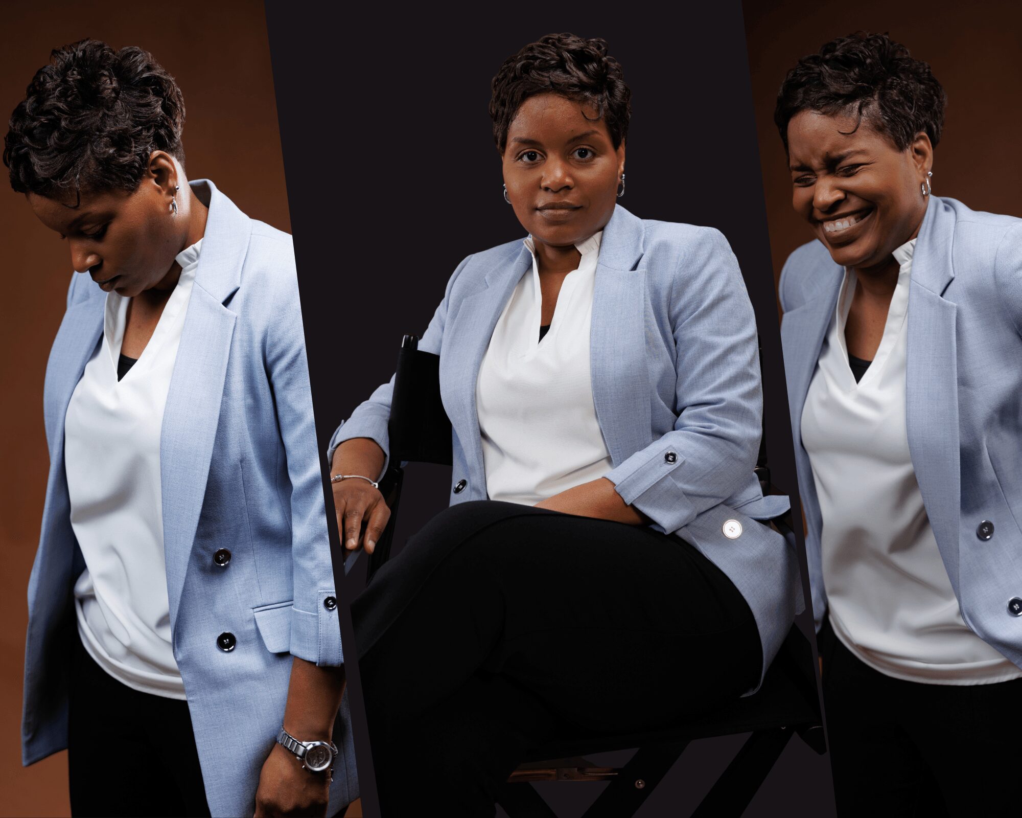 Three women in light blue blazers and white shirts, sitting and standing, with neutral and smiling expressions.
