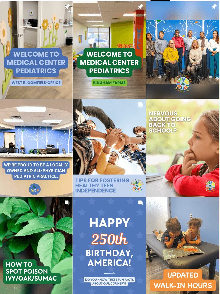 Six images: medical center signs, children with a healthcare professional, girl thinking, plants, birthday message, children walking in a hallway.