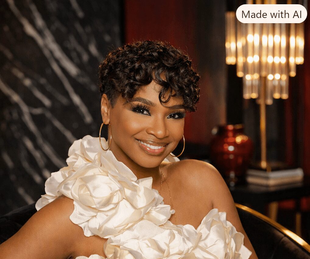Smiling woman with short curly hair, wearing a ruffled white dress, in a dimly lit room with a chandelier and dark background.