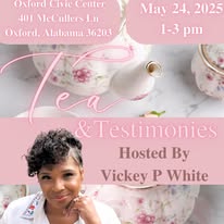 Event flyer with teapot and teacups, pink background, text about tea event, date, time, and host, featuring a woman smiling.