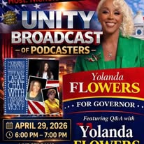 Promotional poster for a podcast broadcast featuring Yolanda Flowers, with images of people, event details, and a colorful background.
