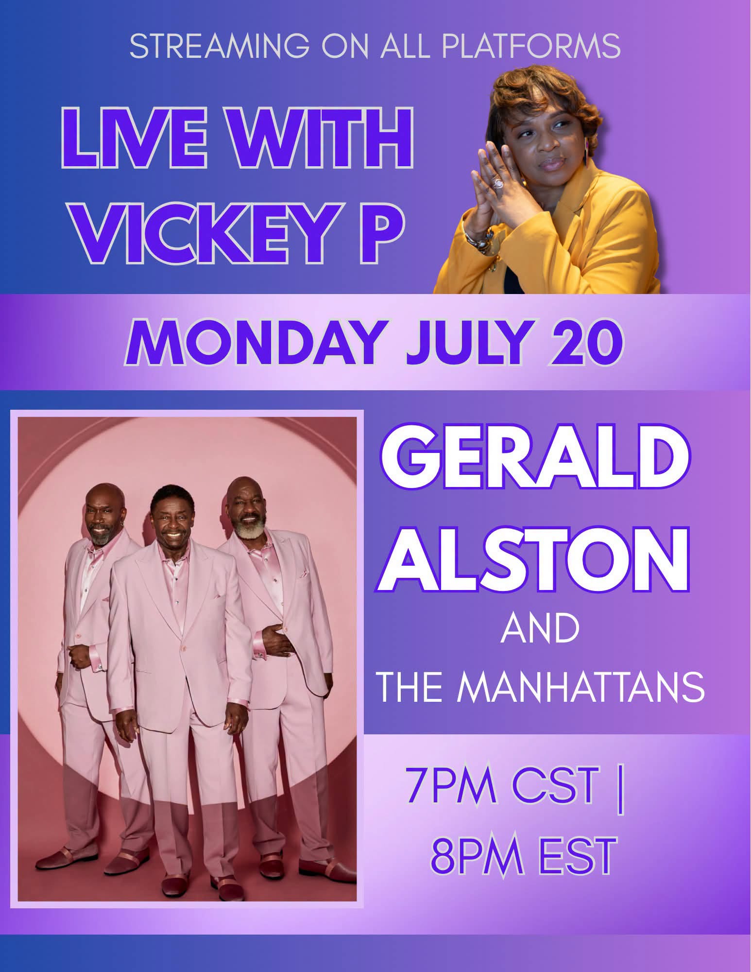 Event poster featuring a woman in yellow and a band in pink suits, with event details and date, purple background.