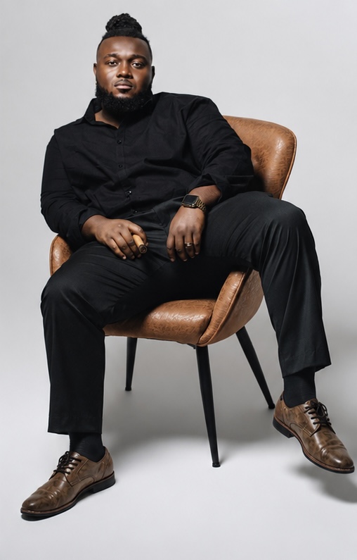 Man with a beard and hairstyle sitting on a brown chair, wearing black shirt and pants, brown shoes, against a plain background.