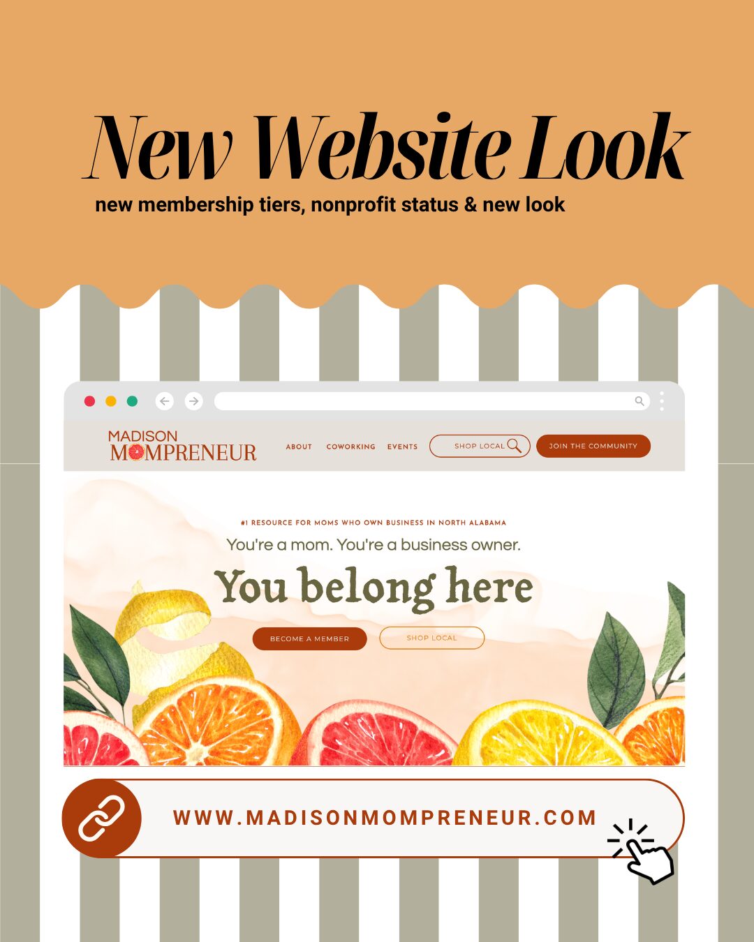 Promotional graphic for a website redesign with text, a website screenshot, and fruit illustrations, on a beige background.