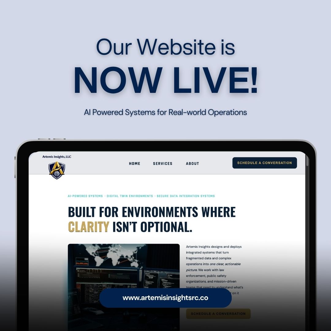Announcement of a new website launch with a tablet displaying the site and a message about real-world operations.