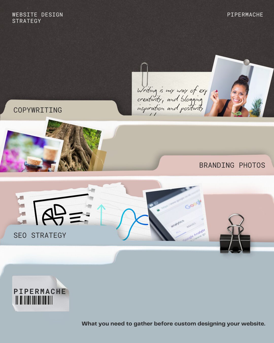 Collage of website design elements including photos, notes, and text about branding, SEO, and strategy, with a woman smiling holding a phone.