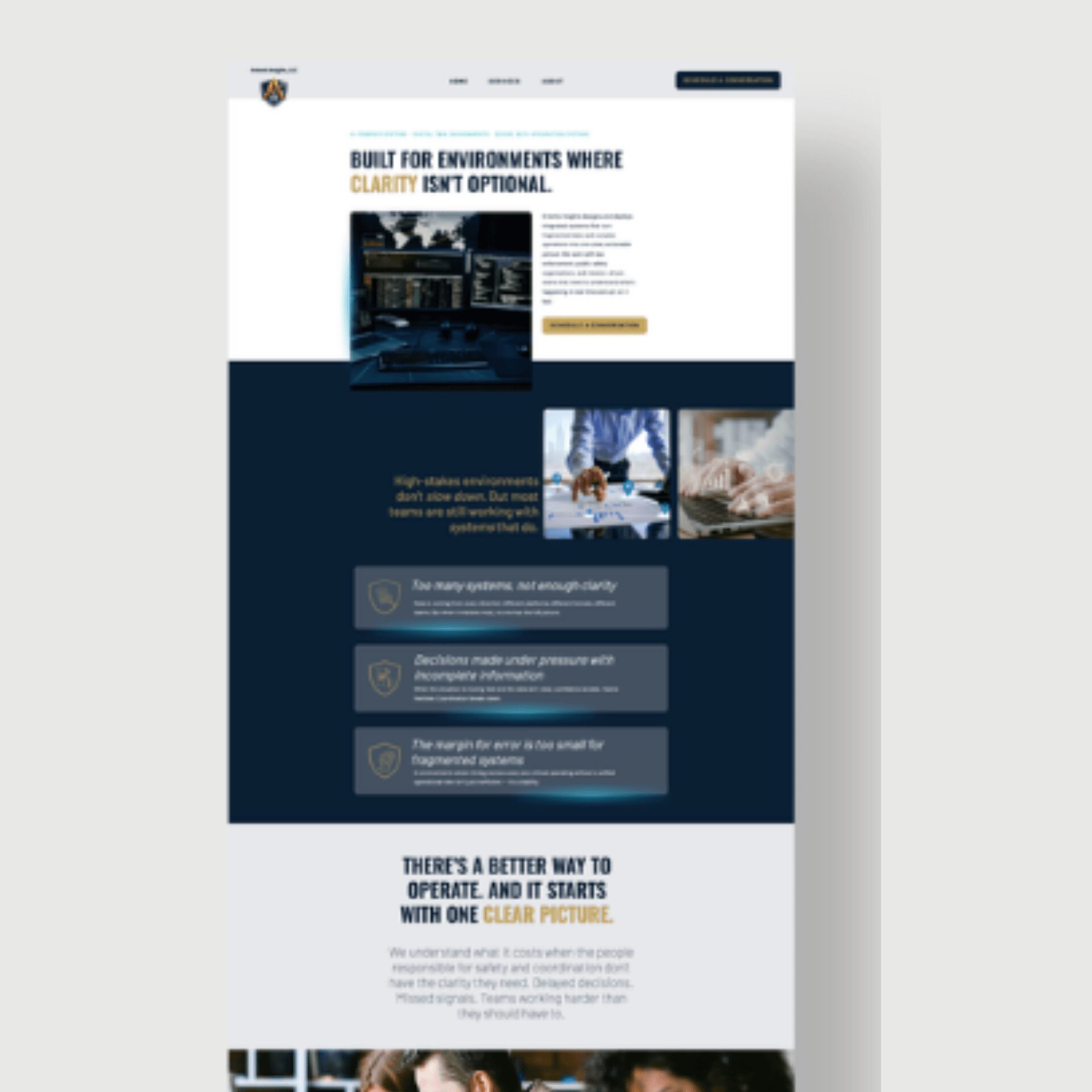 A webpage layout with text, images, and icons, featuring sections about environments, clarity, and operational methods.