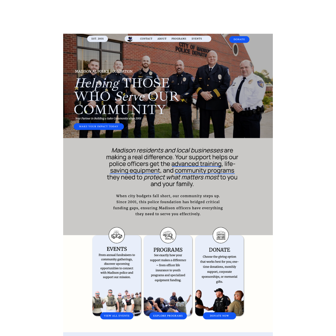 Group of police officers and a person in uniform standing outside a brick building, with text about community support and safety.