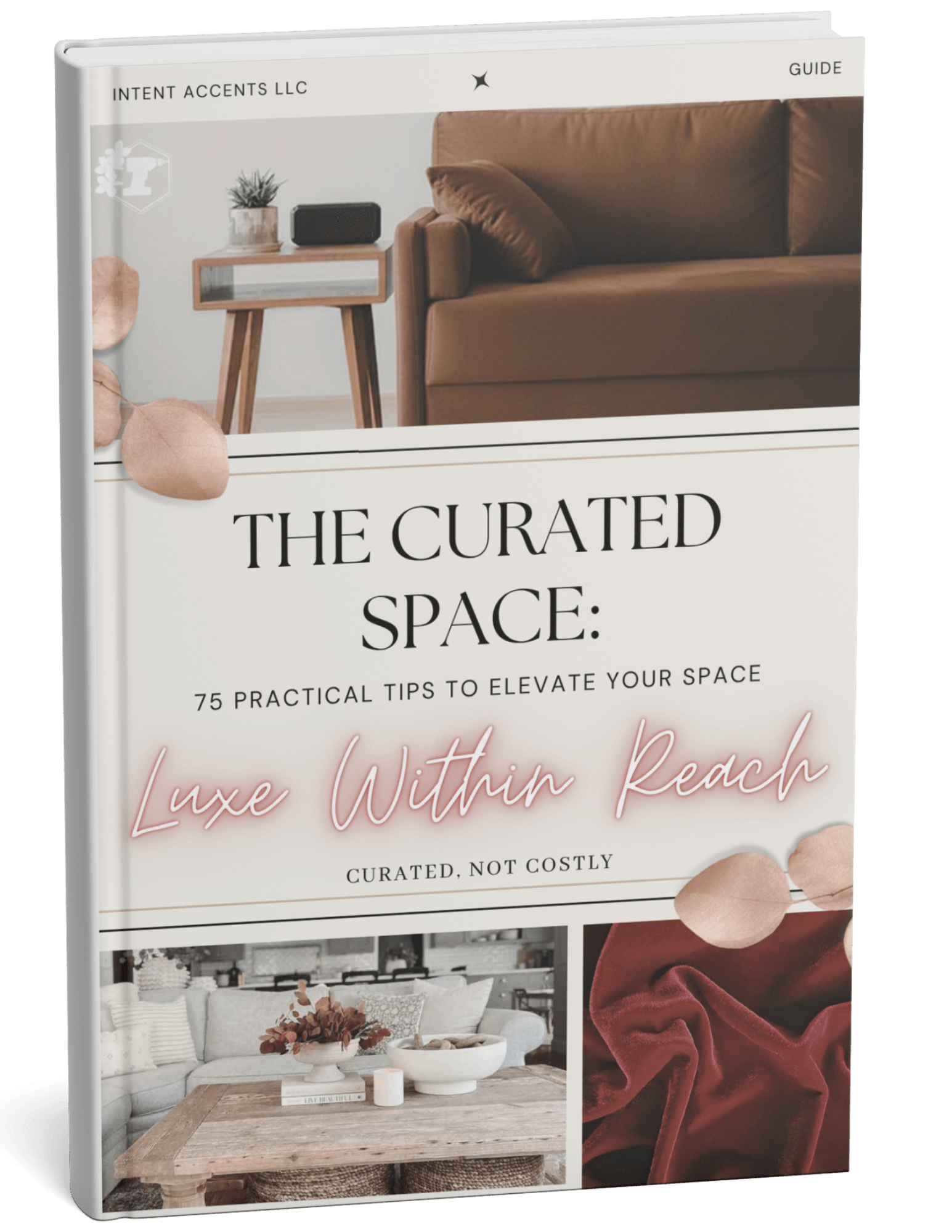 Book cover titled 'The Curated Space' with images of a living room and decor items, and pink cursive text.