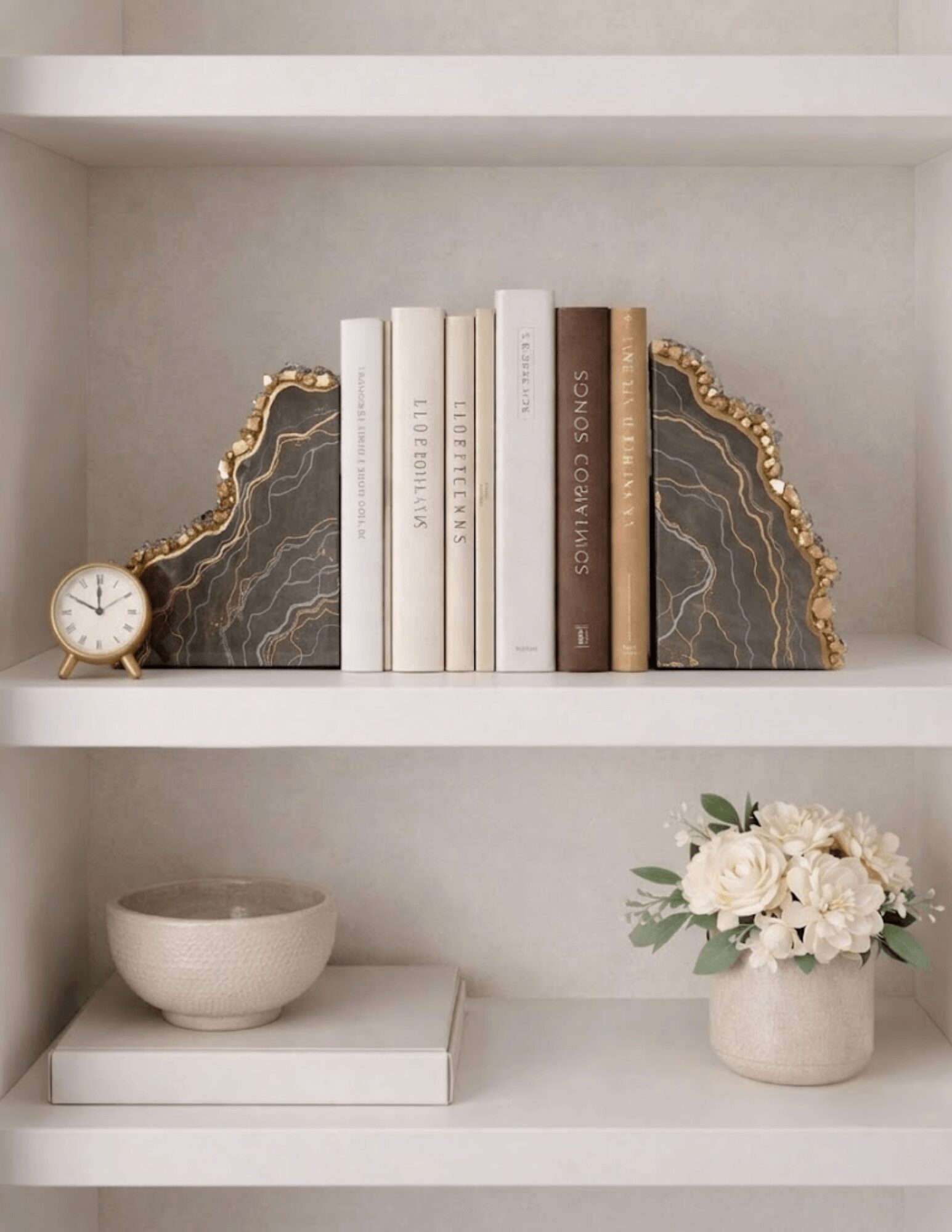 Books on a shelf with decorative geode slices, a clock, a bowl, and a flower arrangement.