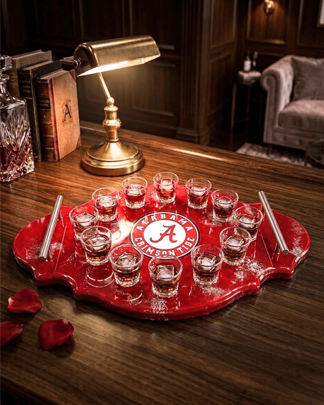 Red tray with shot glasses and Alabama logo, brass desk lamp, wooden table, and a sofa in a cozy room.