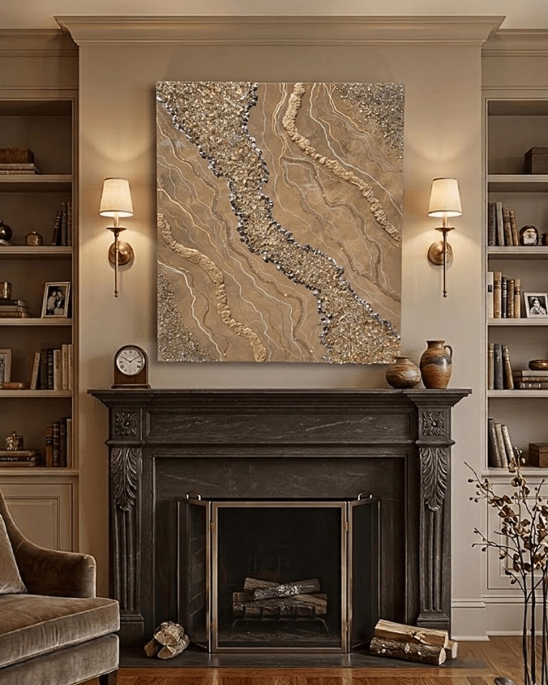 Decorative painting above a fireplace with two wall sconces, bookshelves on each side, and a vase with branches in front.