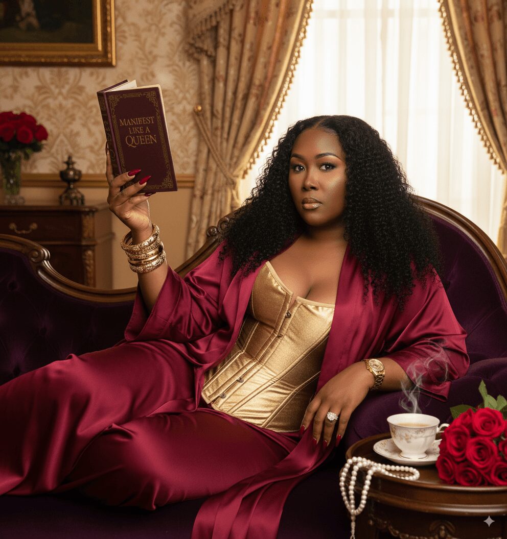 Woman in gold corset and burgundy satin robe reclining on sofa, holding a book, with a table of roses, pearls, and tea.