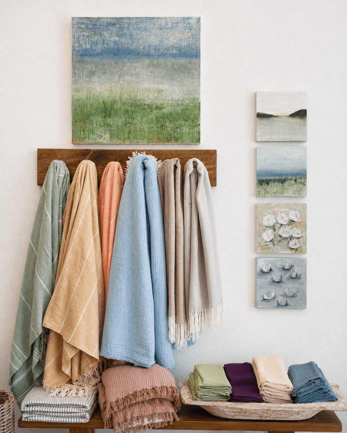 Display of colorful towels hanging on a wooden rack with folded towels below and landscape paintings on a white wall.