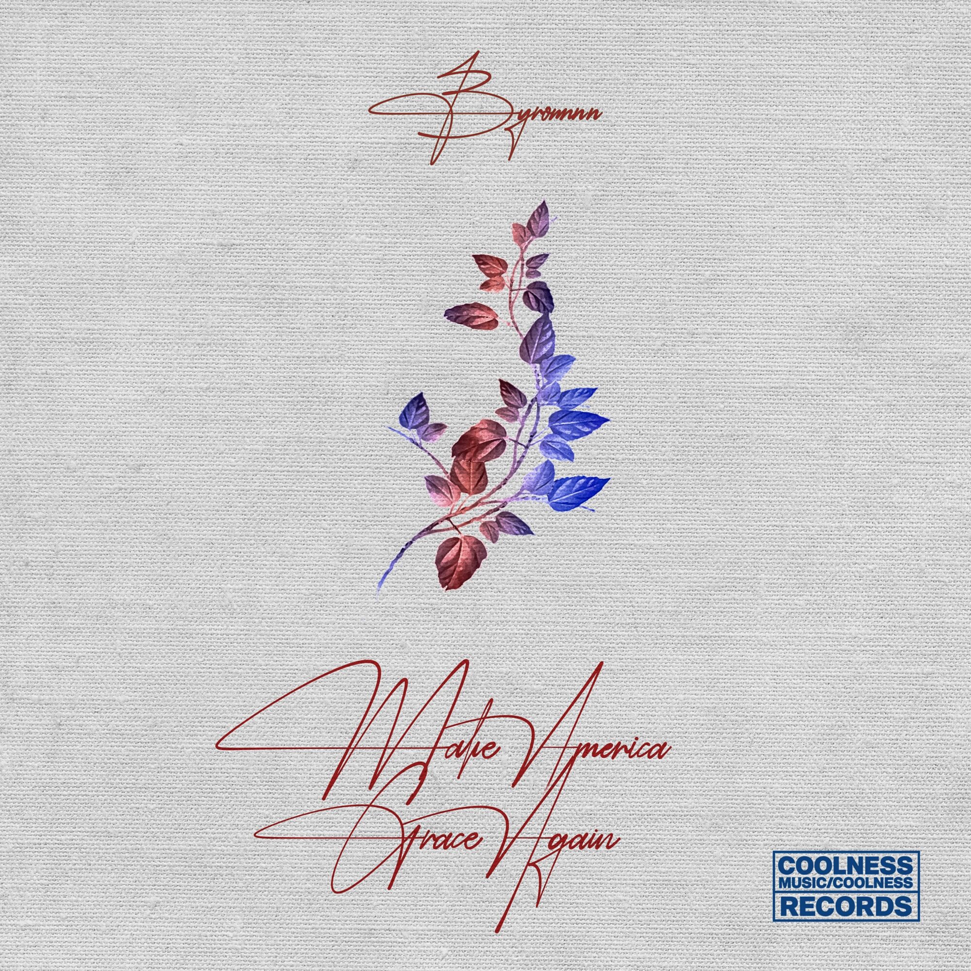 Stylized floral design with handwritten text and a record label logo on a light background.